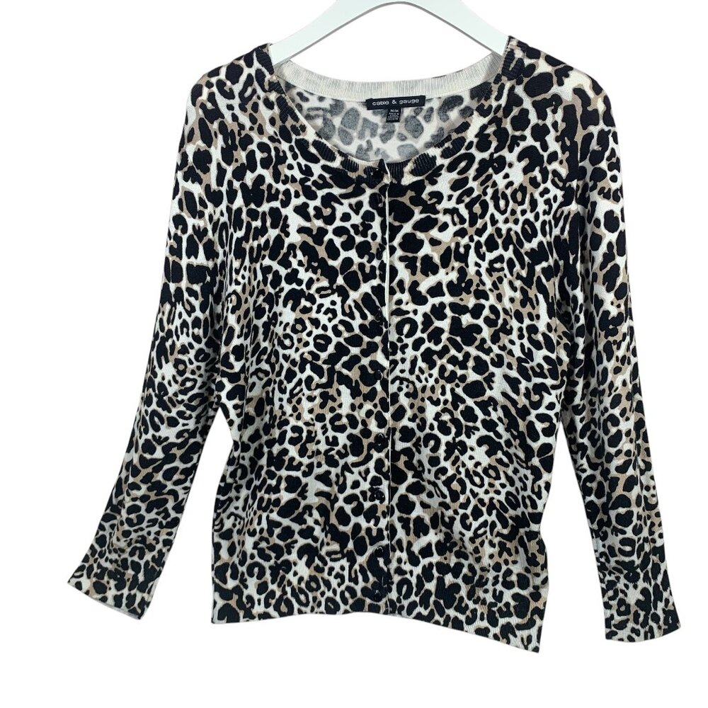cable & cage Leopard Animal Print Cardigan Sweater Sz M
